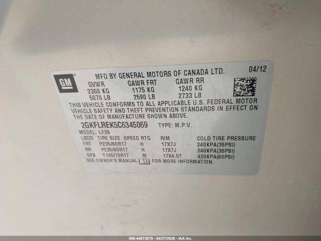 Продажа на аукционе авто 2012 Gmc Terrain Sle-1, vin: 2GKFLREK5C6345069, номер лота: 44973879