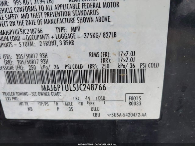 44973901 :رقم المزاد ، MAJ6P1UL5JC248766 vin ، 2018 Ford Ecosport Se مزاد بيع