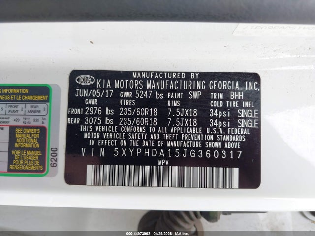 Aukcja sprzedaży 2018 Kia Sorento 2.0t Ex, vin: 5XYPHDA15JG360317, numer aukcji: 44973902