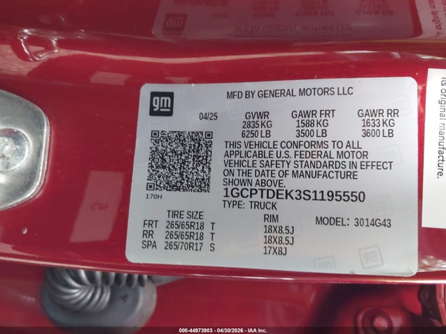 2025 Chevrolet Colorado 4wd Z71 მანქანა იყიდება აუქციონზე, vin: 1GCPTDEK3S1195550, აუქციონის ნომერი: 44973903