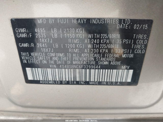 2015 Subaru Outback 2.5i Limited მანქანა იყიდება აუქციონზე, vin: 4S4BSBNC6F3299644, აუქციონის ნომერი: 44973904
