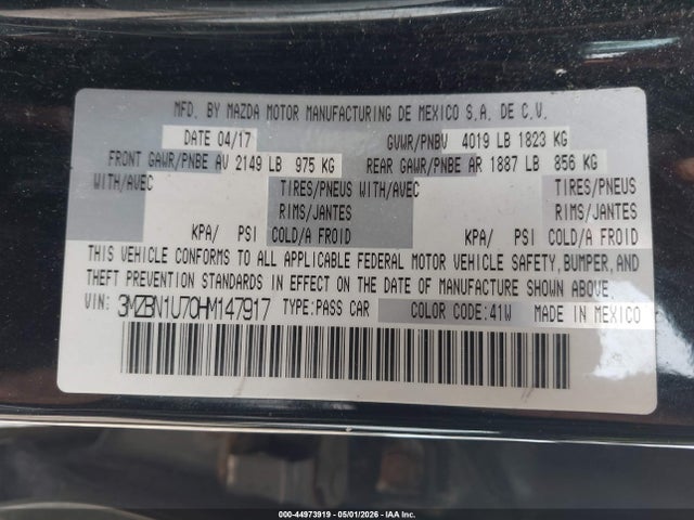 44973919 :رقم المزاد ، 3MZBN1U70HM147917 vin ، 2017 Mazda Mazda3 Sport مزاد بيع