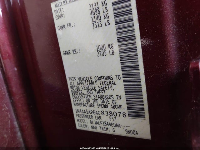2010 Nissan Maxima 3.5 Sv მანქანა იყიდება აუქციონზე, vin: 1N4AA5AP6AC838078, აუქციონის ნომერი: 44973920