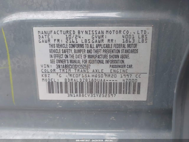 Aukcja sprzedaży 2025 Nissan Sentra Sv, vin: 3N1AB8CV3SY252597, numer aukcji: 44973937