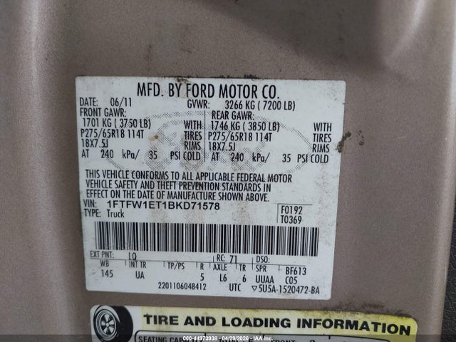 Aukcja sprzedaży 2011 Ford F-150 Xlt, vin: 1FTFW1ET1BKD71578, numer aukcji: 44973938