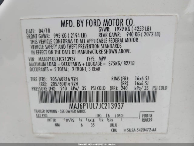 Продажа на аукционе авто 2018 Ford Ecosport Se, vin: MAJ6P1UL7JC213937, номер лота: 44973939