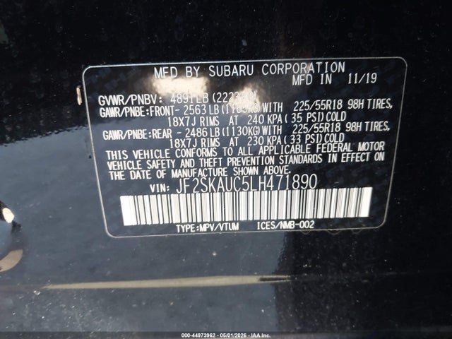 2020 Subaru Forester Limited მანქანა იყიდება აუქციონზე, vin: JF2SKAUC5LH471890, აუქციონის ნომერი: 44973962