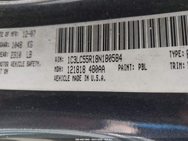 2008 Chrysler Sebring Touring მანქანა იყიდება აუქციონზე, vin: 1C3LC55R18N180584, აუქციონის ნომერი: 44973968