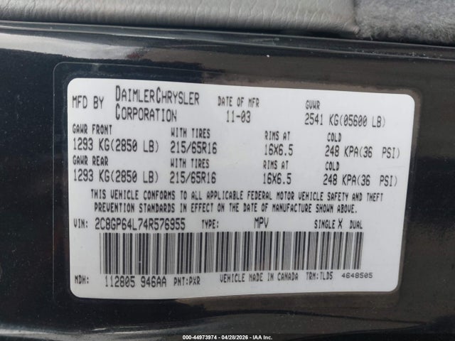 2004 Chrysler Town & Country Limited მანქანა იყიდება აუქციონზე, vin: 2C8GP64L74R576955, აუქციონის ნომერი: 44973974