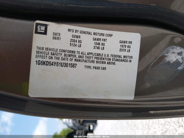 44973980 :رقم المزاد ، 1G6KD54Y61U301587 vin ، 2001 Cadillac Deville Standard مزاد بيع