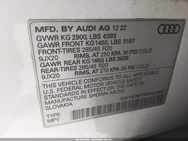 Aukcja sprzedaży 2023 Audi Q7 Premium 45 Tfsi Quattro Tiptronic, vin: WA1ACBF78PD010557, numer aukcji: 44973988