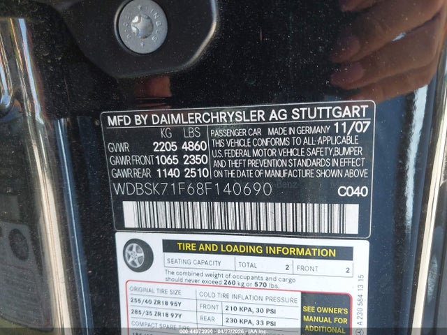 Продаж на аукціоні авто 2008 Mercedes-benz Sl 550, vin: WDBSK71F68F140690, номер лоту: 44973990