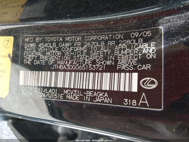 2006 Lexus Es 330 მანქანა იყიდება აუქციონზე, vin: JTHBA30G065153721, აუქციონის ნომერი: 44973994