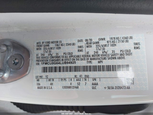 2020 Ford Escape Se მანქანა იყიდება აუქციონზე, vin: 1FMCU0G64LUB94925, აუქციონის ნომერი: 44973997