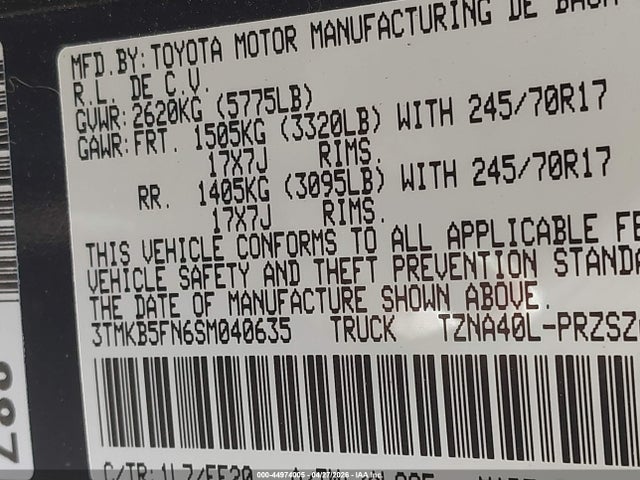 Продаж на аукціоні авто 2025 Toyota Tacoma Sr5, vin: 3TMKB5FN6SM040635, номер лоту: 44974005