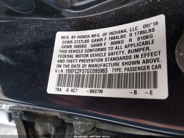 44974007 :رقم المزاد ، 19XFC2F57GE095965 vin ، 2016 Honda Civic Lx مزاد بيع