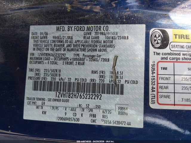 44974035 :رقم المزاد ، 1ZVHT82H765232292 vin ، 2006 Ford Mustang Gt مزاد بيع