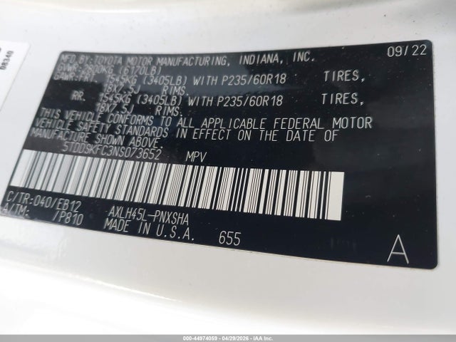 44974059 :رقم المزاد ، 5TDDSKFC3NS073652 vin ، 2022 Toyota Sienna Xse مزاد بيع