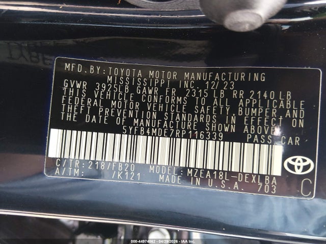 Aukcja sprzedaży 2024 Toyota Corolla Le, vin: 5YFB4MDE7RP116339, numer aukcji: 44974062