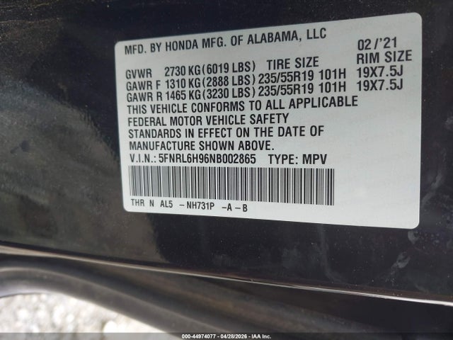 Aukcja sprzedaży 2022 Honda Odyssey Elite, vin: 5FNRL6H96NB002865, numer aukcji: 44974077