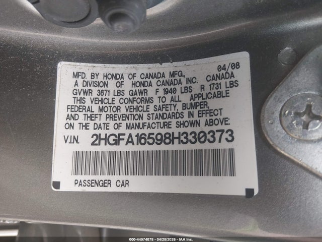 2008 Honda Civic Lx მანქანა იყიდება აუქციონზე, vin: 2HGFA16598H330373, აუქციონის ნომერი: 44974078