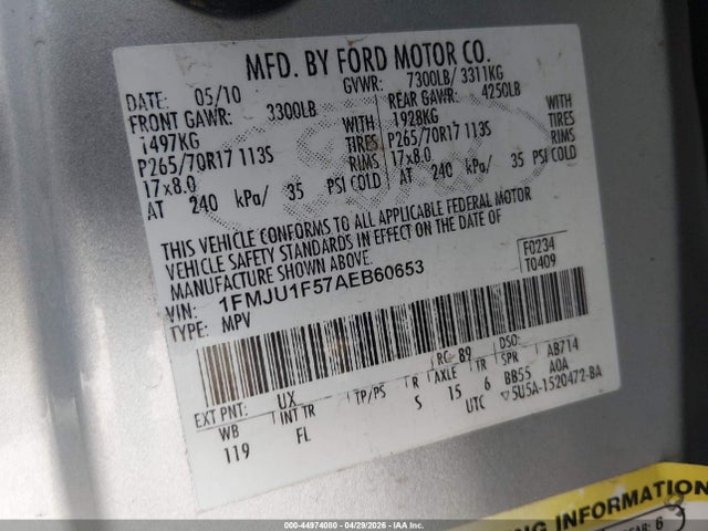 Продаж на аукціоні авто 2010 Ford Expedition Xlt, vin: 1FMJU1F57AEB60653, номер лоту: 44974080