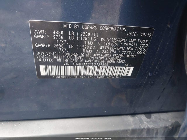 2020 Subaru Outback მანქანა იყიდება აუქციონზე, vin: 4S4BTAAC1L3124906, აუქციონის ნომერი: 44974088