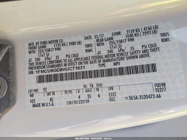 Aukcja sprzedaży 2017 Ford Escape Se, vin: 1FMCU9GD8HUC71631, numer aukcji: 44974090
