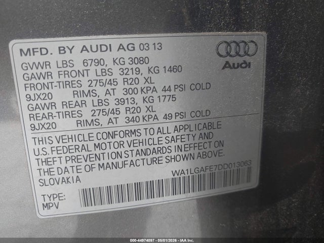 Продаж на аукціоні авто 2013 Audi Q7 3.0t Premium, vin: WA1LGAFE7DD013063, номер лоту: 44974097