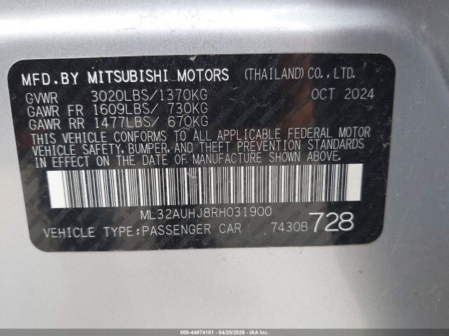 Aukcja sprzedaży 2024 Mitsubishi Mirage Es/le, vin: ML32AUHJ8RH031900, numer aukcji: 44974101