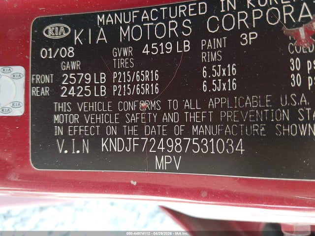 44974112 :رقم المزاد ، KNDJF724987531034 vin ، 2008 Kia Sportage Lx مزاد بيع