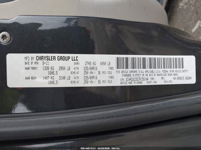 Продаж на аукціоні авто 2012 Dodge Grand Caravan Sxt, vin: 2C4RDGCG5CR159104, номер лоту: 44974121