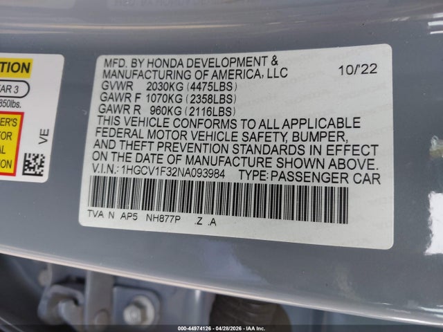 Aukcja sprzedaży 2022 Honda Accord Sport, vin: 1HGCV1F32NA093984, numer aukcji: 44974126