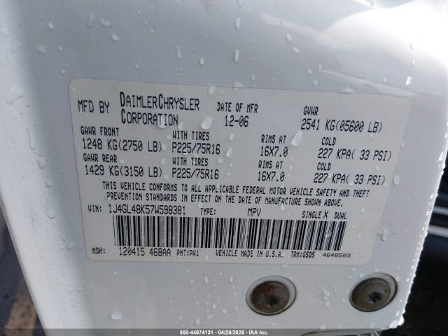 44974131 :رقم المزاد ، 1J4GL48K57W598381 vin ، 2007 Jeep Liberty Sport مزاد بيع