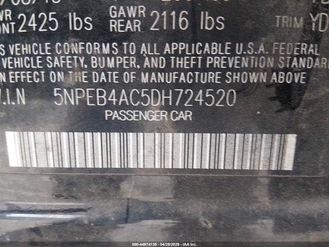 44974139 :رقم المزاد ، 5NPEB4AC5DH724520 vin ، 2013 Hyundai Sonata Gls مزاد بيع