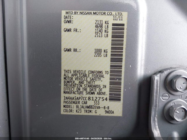 Продаж на аукціоні авто 2012 Nissan Maxima 3.5 Sv, vin: 1N4AA5AP7CC812754, номер лоту: 44974140