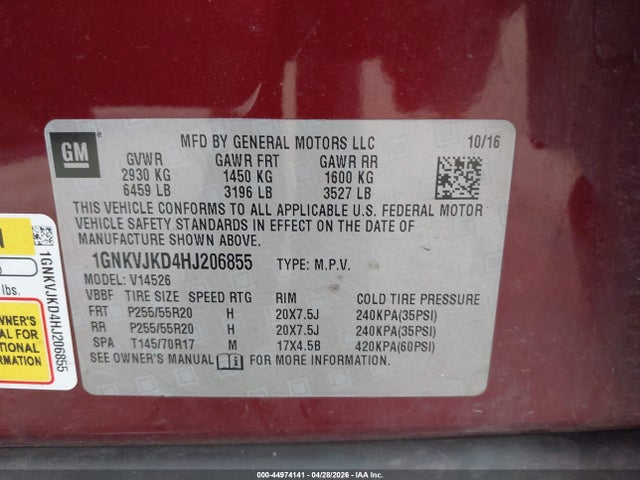 44974141 :رقم المزاد ، 1GNKVJKD4HJ206855 vin ، 2017 Chevrolet Traverse Premier مزاد بيع