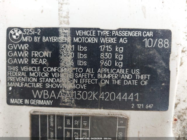 Aukcja sprzedaży 1989 Bmw 325 I/is, vin: WBAAA1302K4204441, numer aukcji: 44974150
