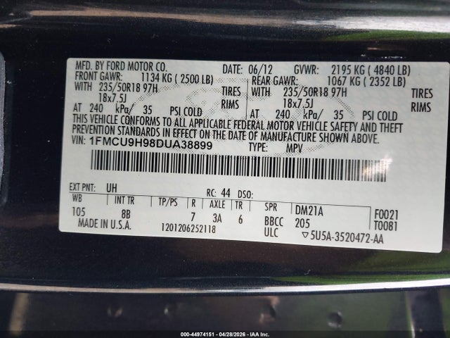 Продаж на аукціоні авто 2013 Ford Escape Sel, vin: 1FMCU9H98DUA38899, номер лоту: 44974151
