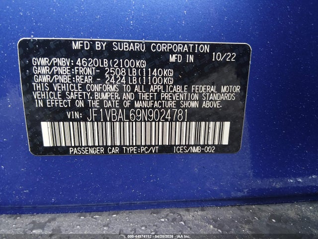 Aukcja sprzedaży 2022 Subaru Wrx Limited, vin: JF1VBAL69N9024781, numer aukcji: 44974152