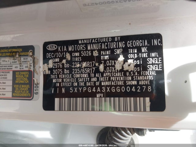 2016 Kia Sorento 2.4l Lx მანქანა იყიდება აუქციონზე, vin: 5XYPG4A3XGG004278, აუქციონის ნომერი: 44974160