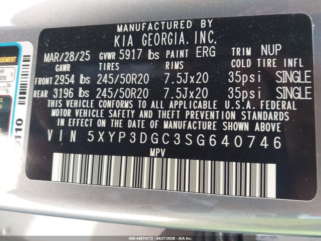 Aukcja sprzedaży 2025 Kia Telluride Ex, vin: 5XYP3DGC3SG640746, numer aukcji: 44974172
