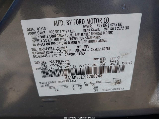 Aukcja sprzedaży 2018 Ford Ecosport Se, vin: MAJ6P1UL9JC208948, numer aukcji: 44974175