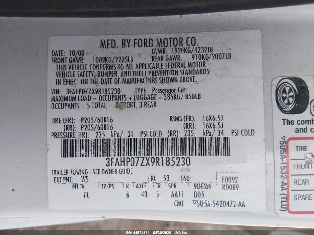 Aukcja sprzedaży 2009 Ford Fusion Se, vin: 3FAHP07ZX9R185230, numer aukcji: 44974181