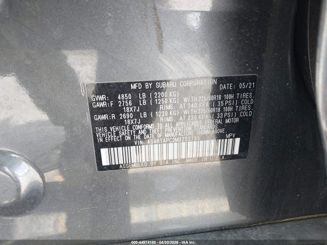 44974188 :رقم المزاد ، 4S4BTAPC2M3222755 vin ، 2021 Subaru Outback Touring مزاد بيع