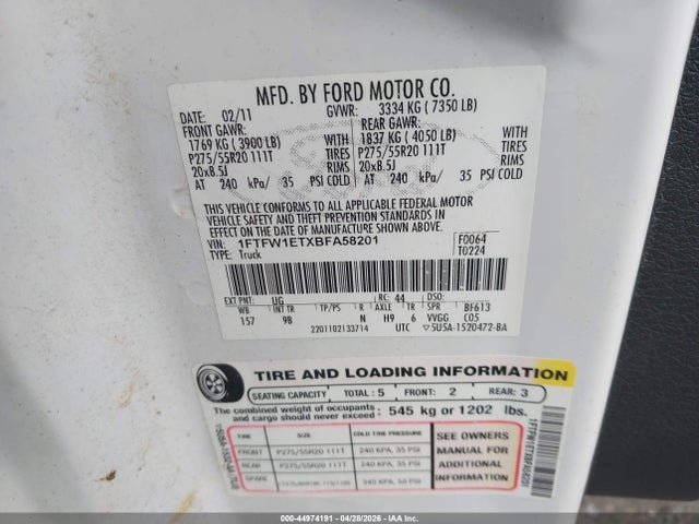 44974191 :رقم المزاد ، 1FTFW1ETXBFA58201 vin ، 2011 Ford F-150 Platinum مزاد بيع