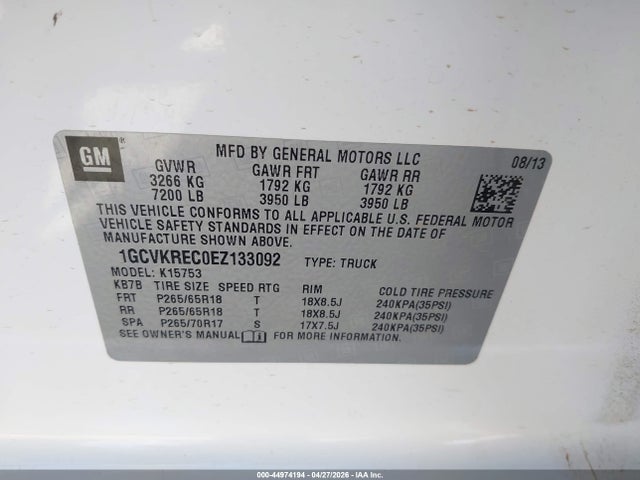 Aukcja sprzedaży 2014 Chevrolet Silverado 1500 2lt, vin: 1GCVKREC0EZ133092, numer aukcji: 44974194