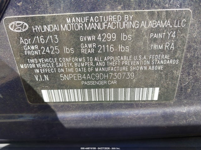 44974199 :رقم المزاد ، 5NPEB4AC9DH730739 vin ، 2013 Hyundai Sonata Gls مزاد بيع