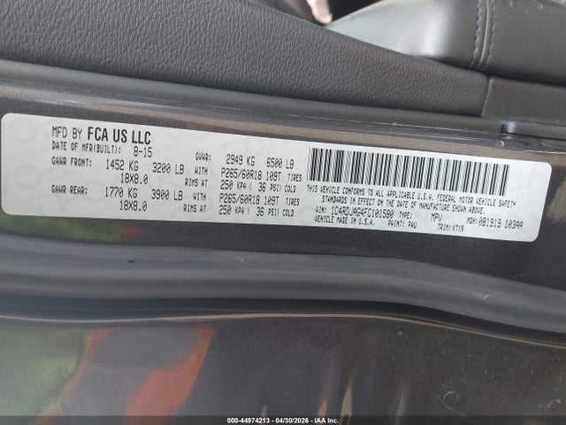 Продаж на аукціоні авто 2015 Dodge Durango Sxt, vin: 1C4RDJAG4FC101580, номер лоту: 44974213