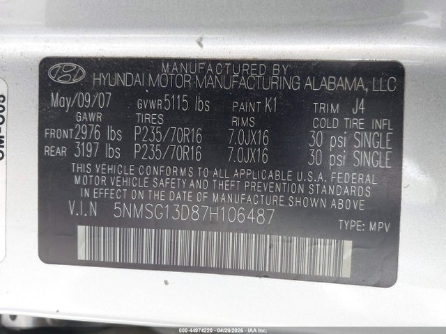 2007 Hyundai Santa Fe Gls მანქანა იყიდება აუქციონზე, vin: 5NMSG13D87H106487, აუქციონის ნომერი: 44974220
